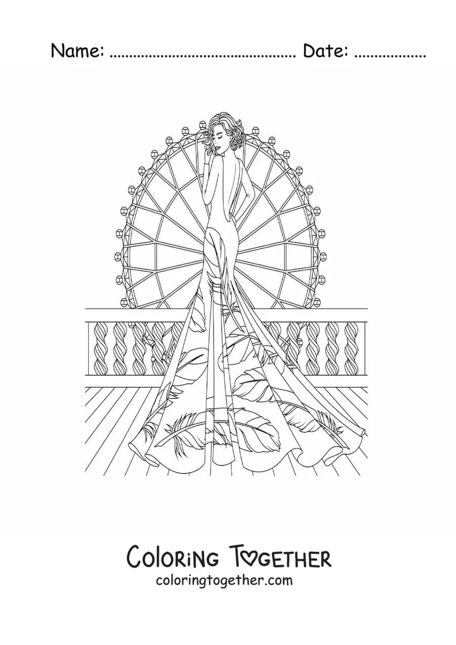 Coloring page of a model in a dress with an open back