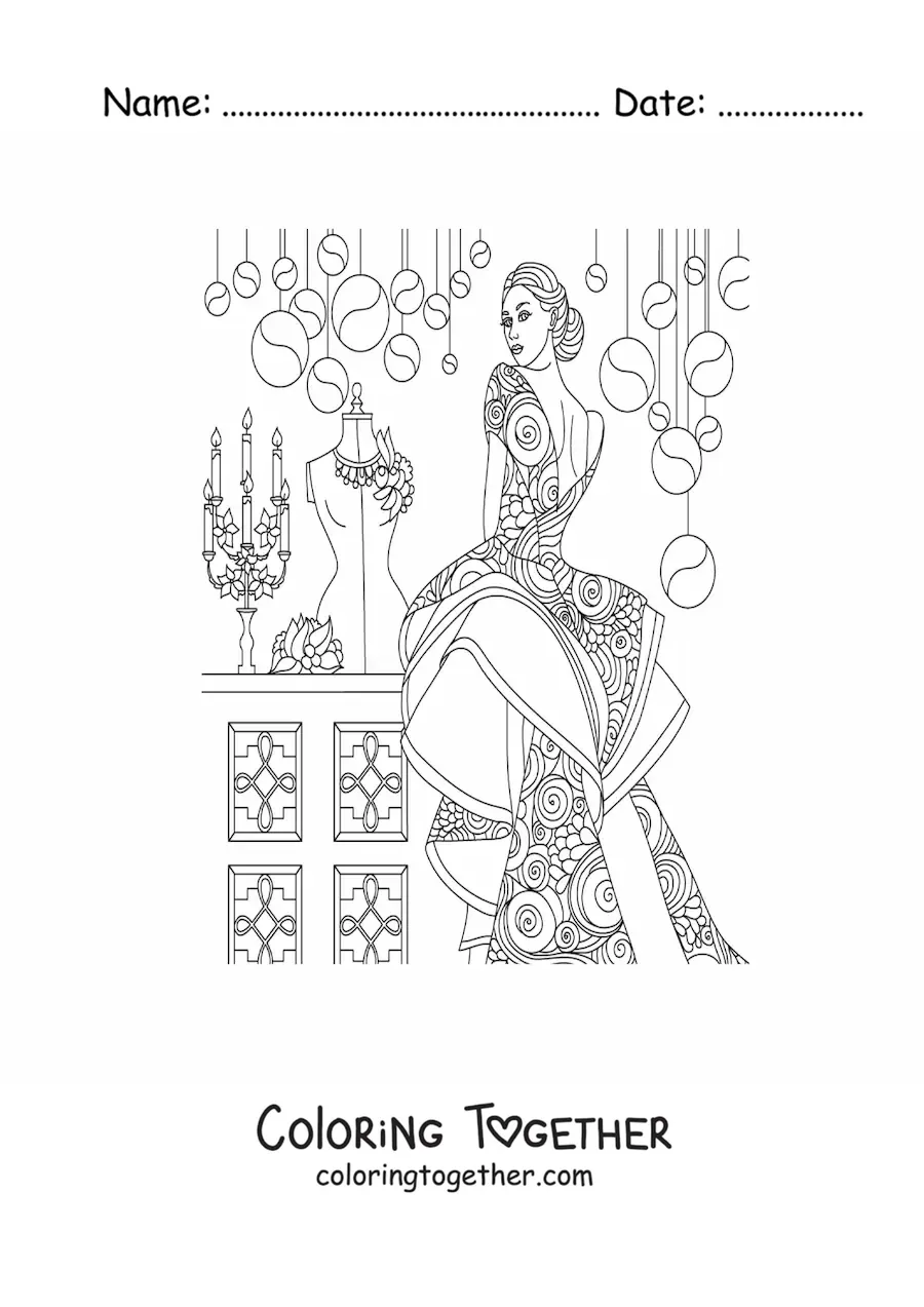 Coloring page of a woman in a gala dress