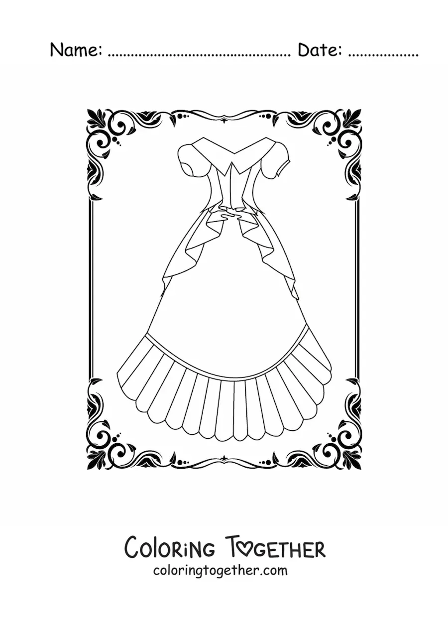 Coloring page of a simple princess-style dress