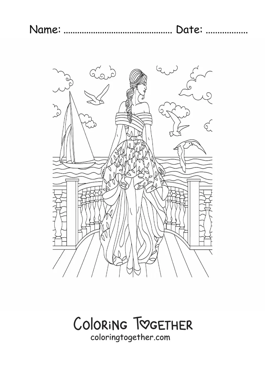 Coloring page of a model in a party dress