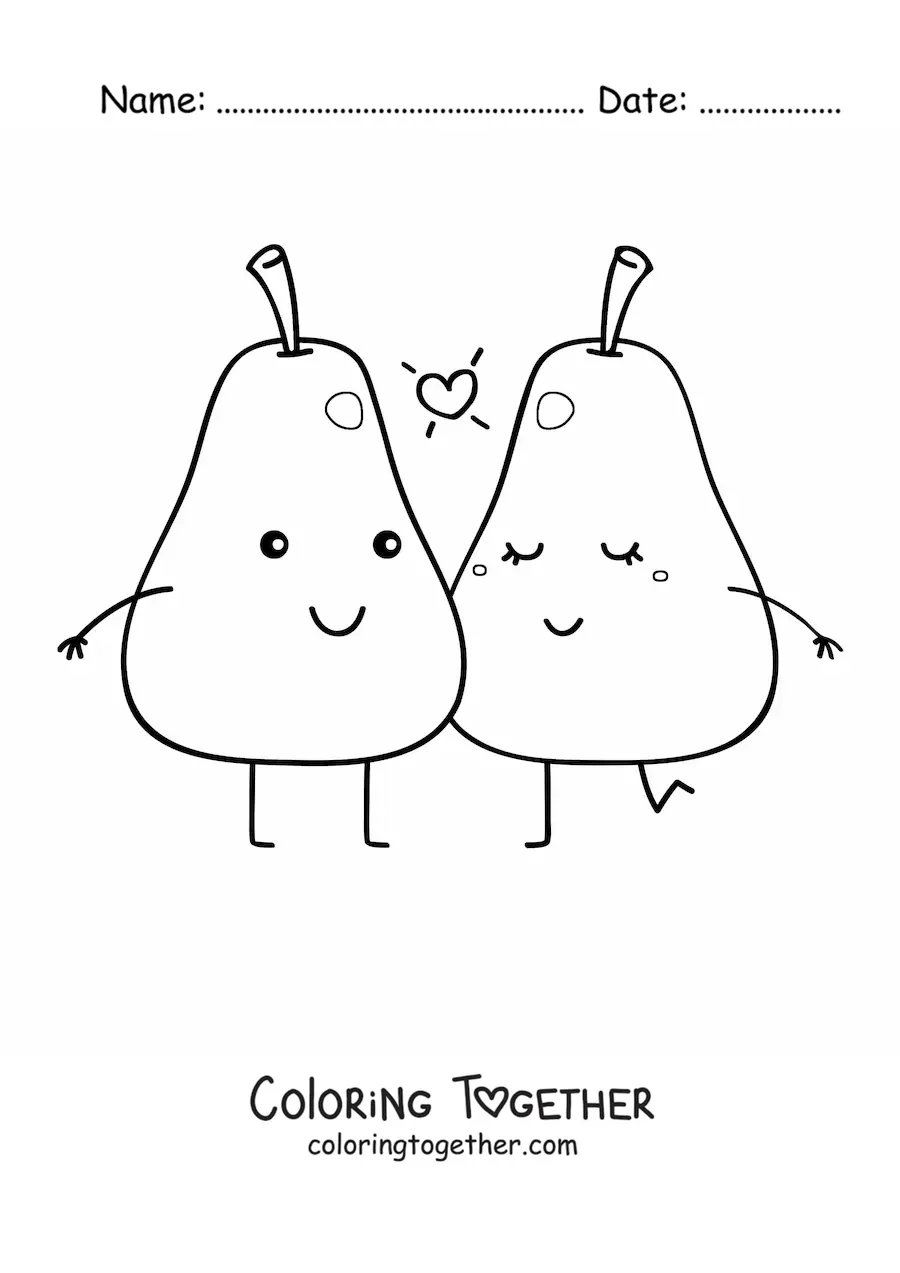 Coloring page of a pair of kawaii cartoon pears with a heart in the air