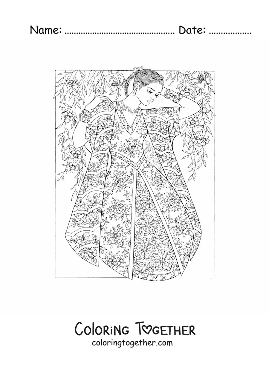 Coloring page of a model in an oriental-style dress