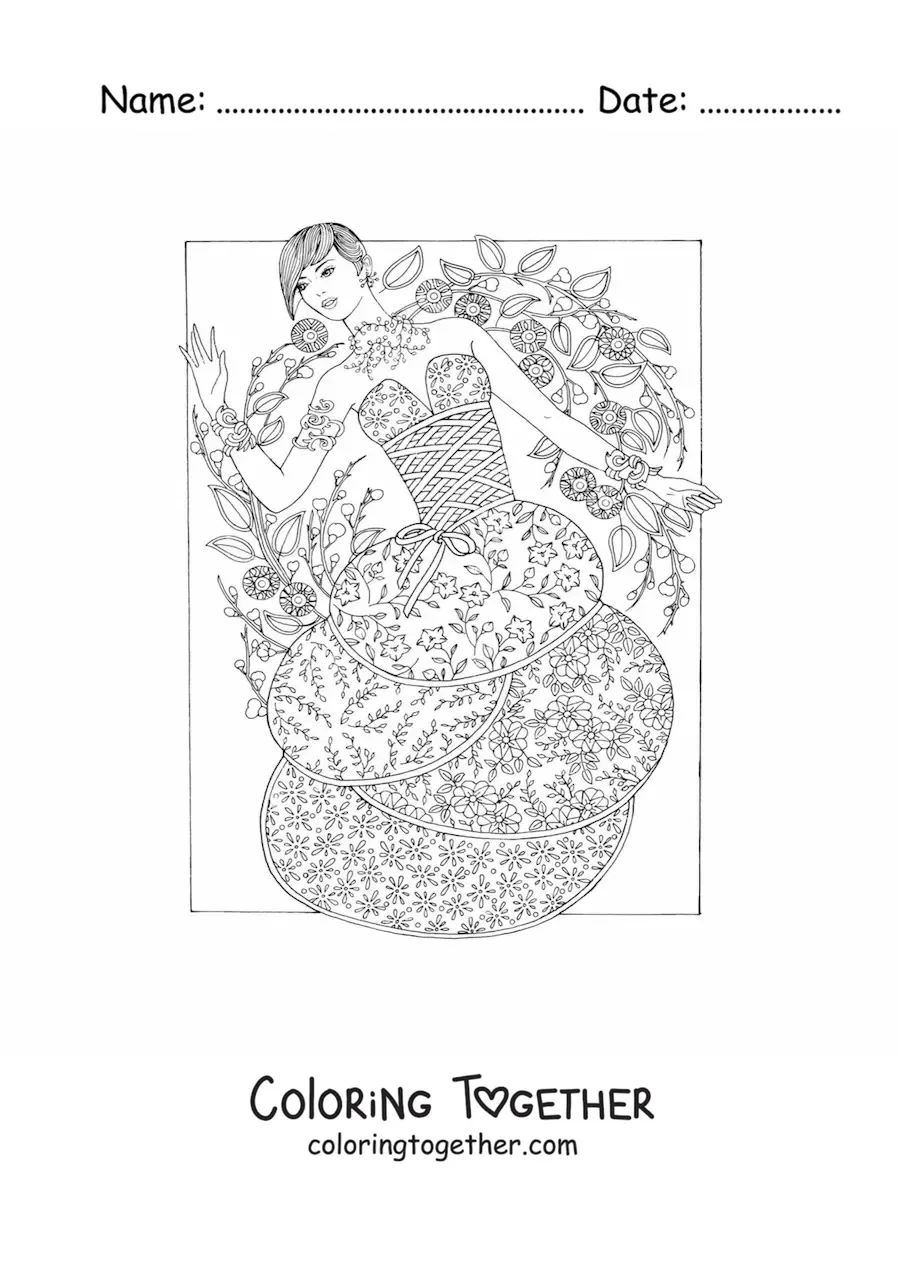 Coloring page of a model in a floral dress