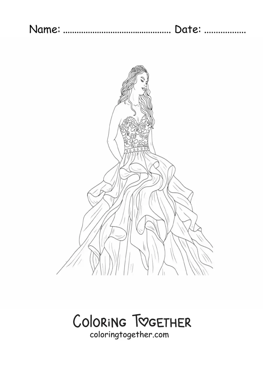 Coloring page of a model in a princess-style dress