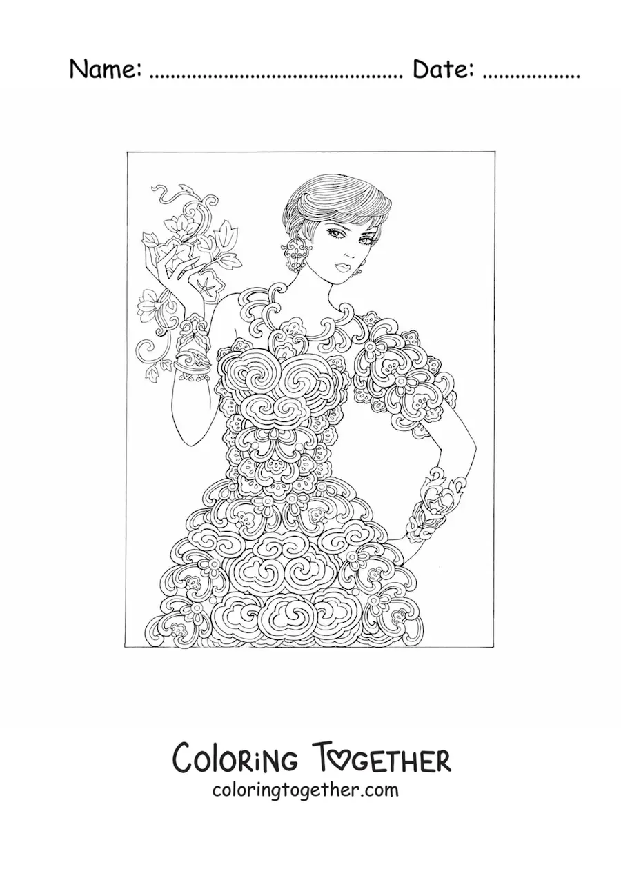 Coloring page of a model in a flower dress
