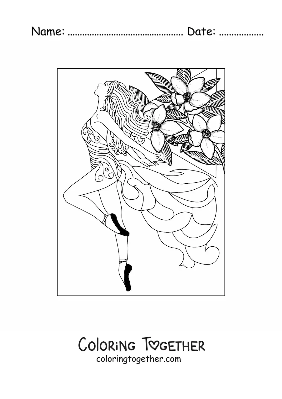 Coloring page of a model in a dress with flowers