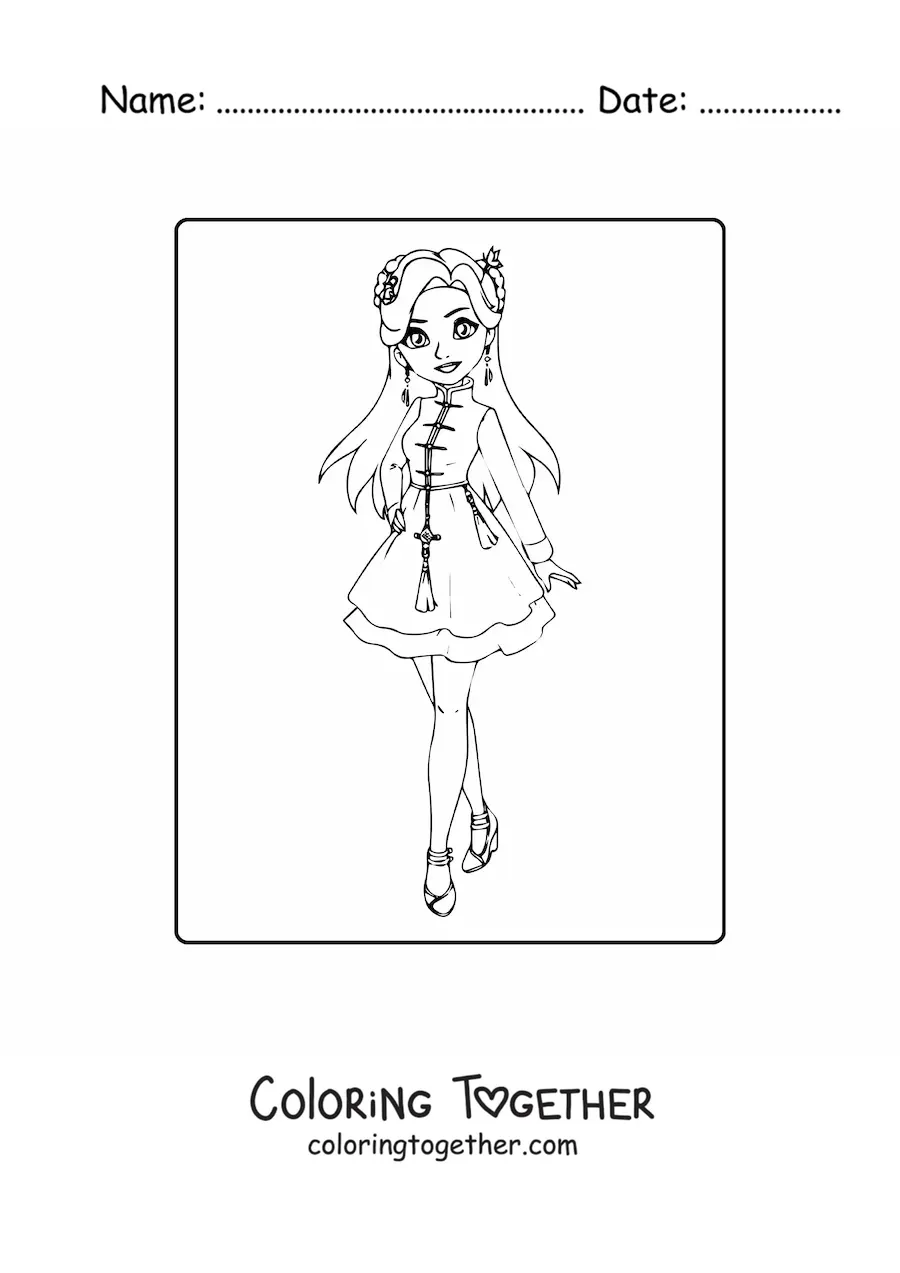 Coloring page of an animated girl in a casual fashion dress
