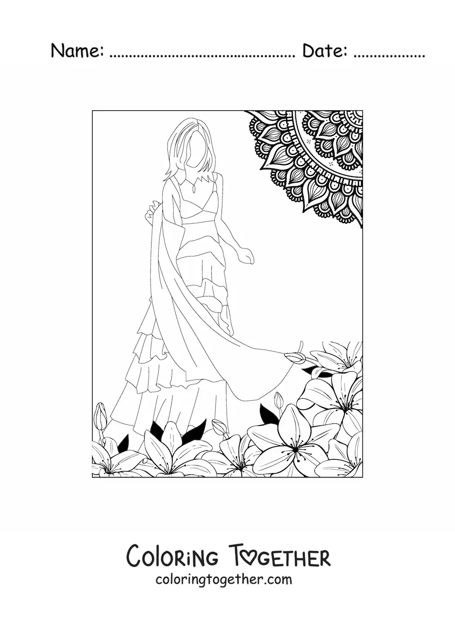 Coloring page of a model in a casual fashion dress