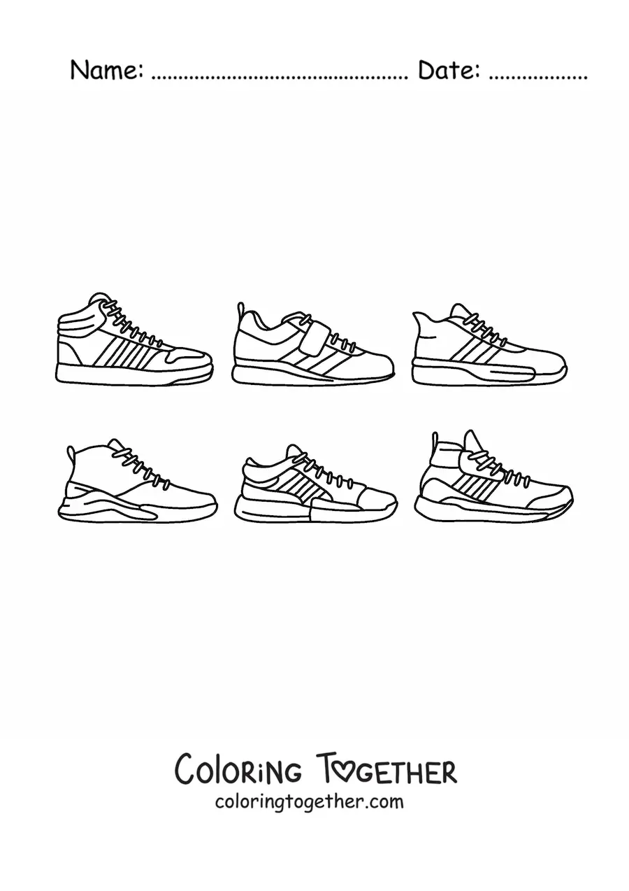 Coloring page of several sports shoes