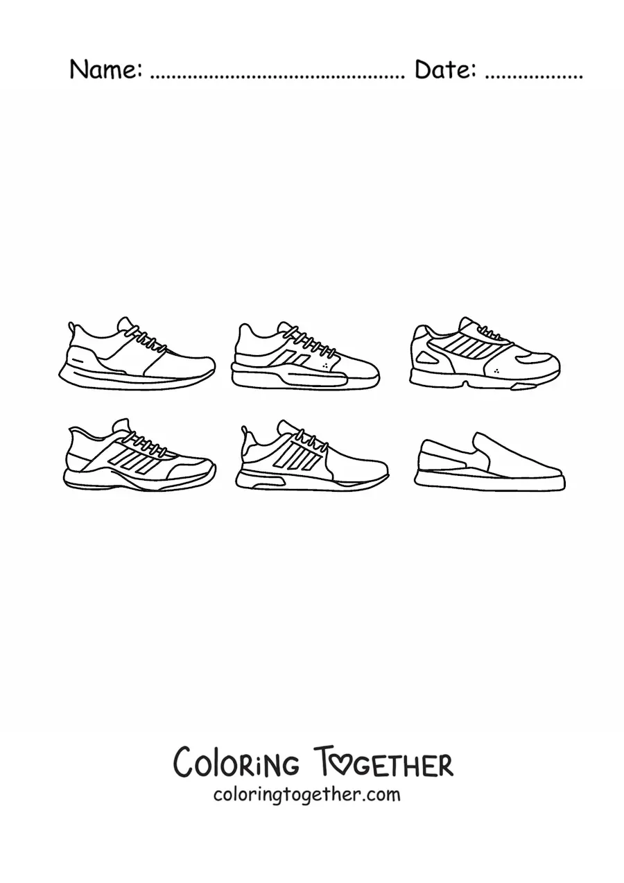 Coloring page of six assorted sports shoes