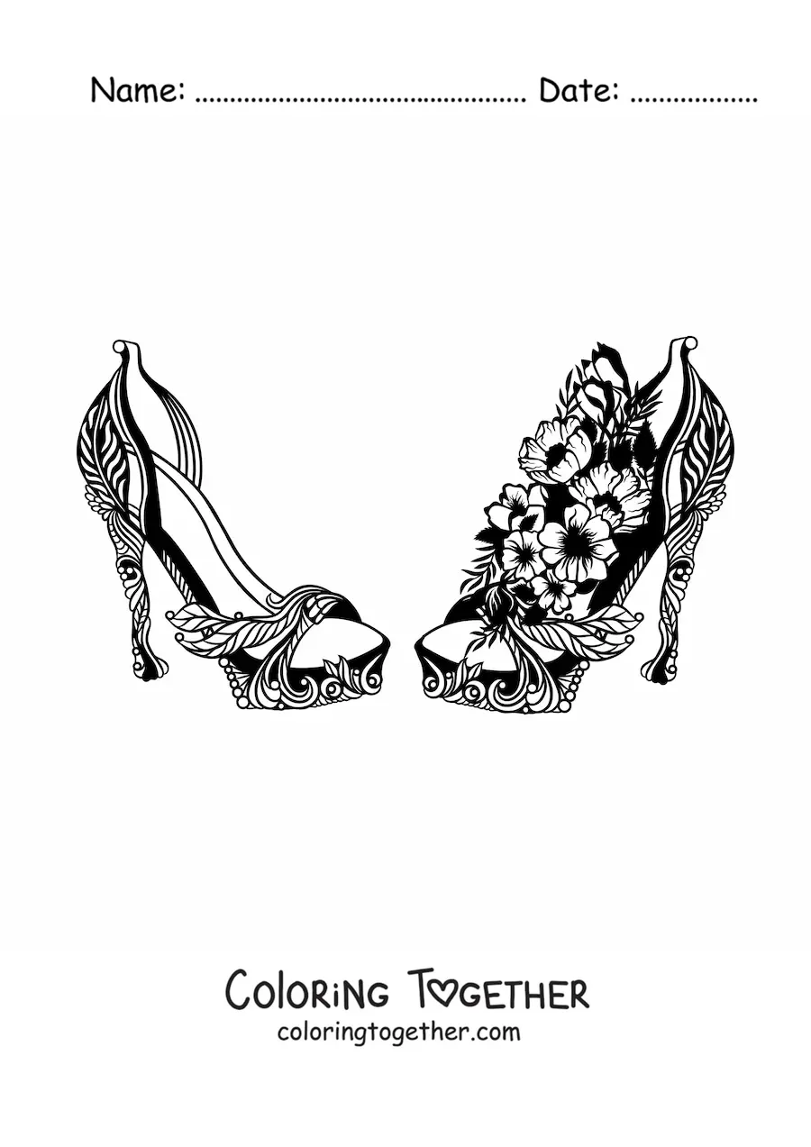 Coloring page of a pair of heels decorated with flowers
