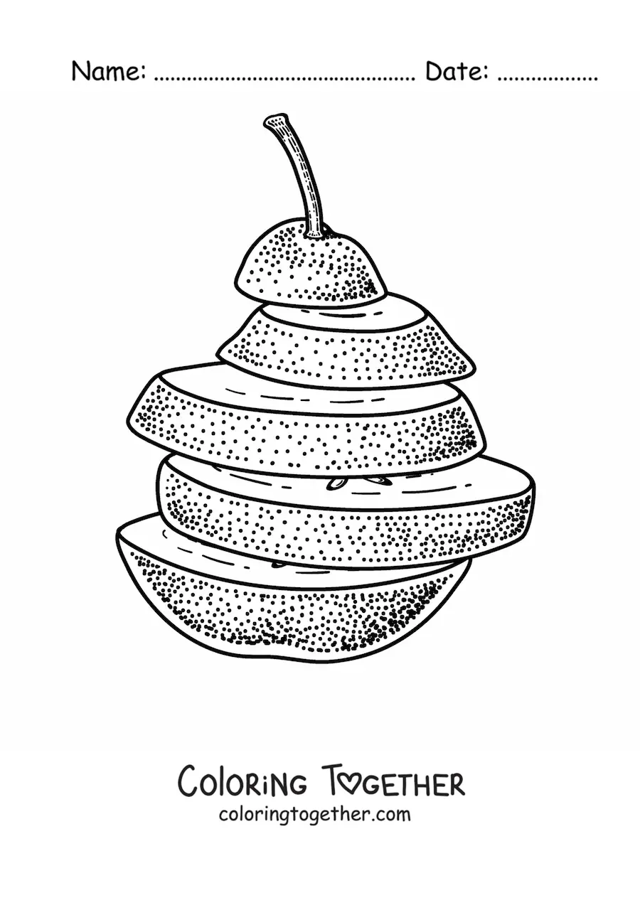 Coloring page of a sliced pear