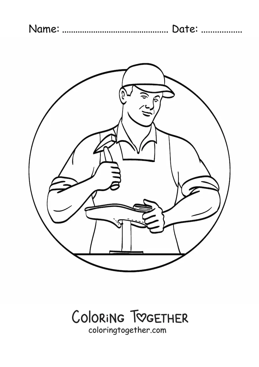 Coloring page of a shoemaker fixing a shoe