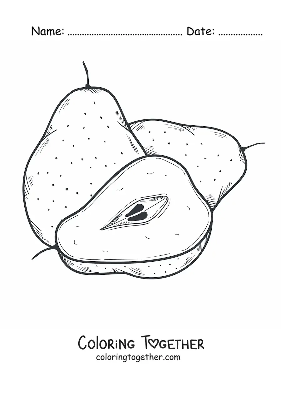 Coloring page of two whole pears and one sliced one
