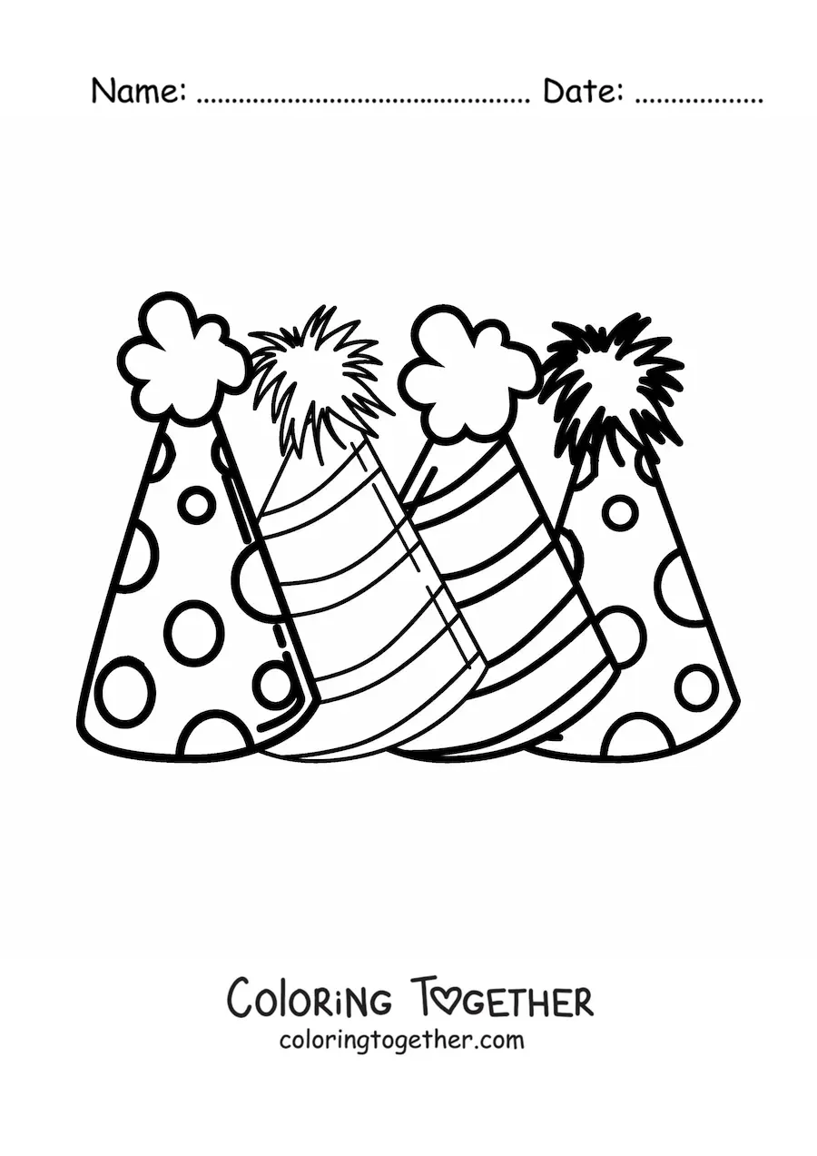 Coloring page of three party hats