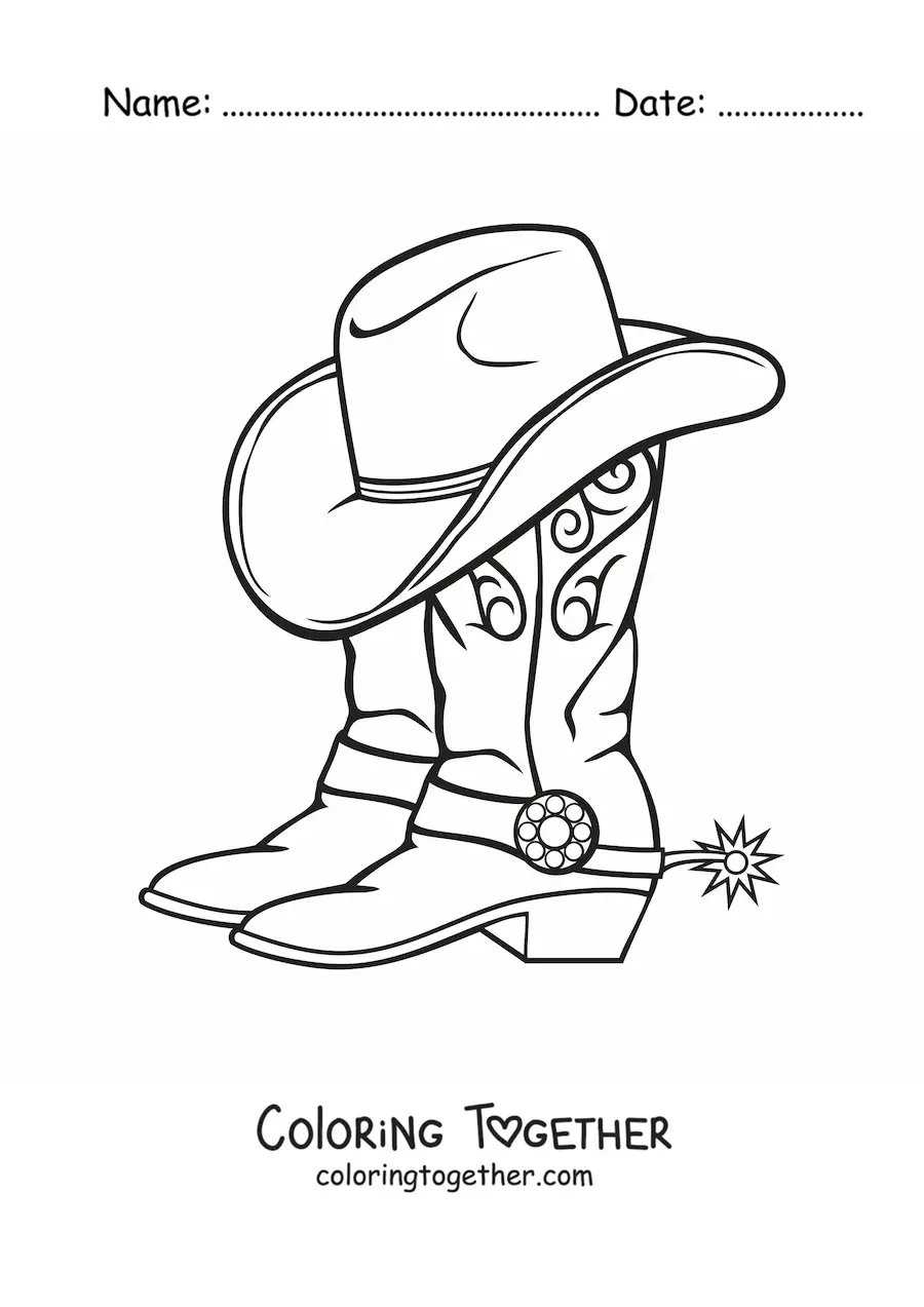 Coloring page of a pair of cowboy boots and a cowboy hat