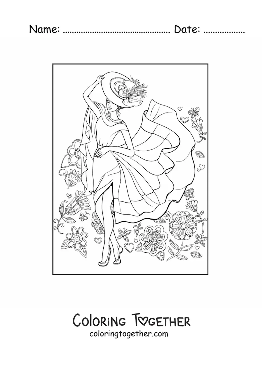 Coloring page of a lady with an elegant hat