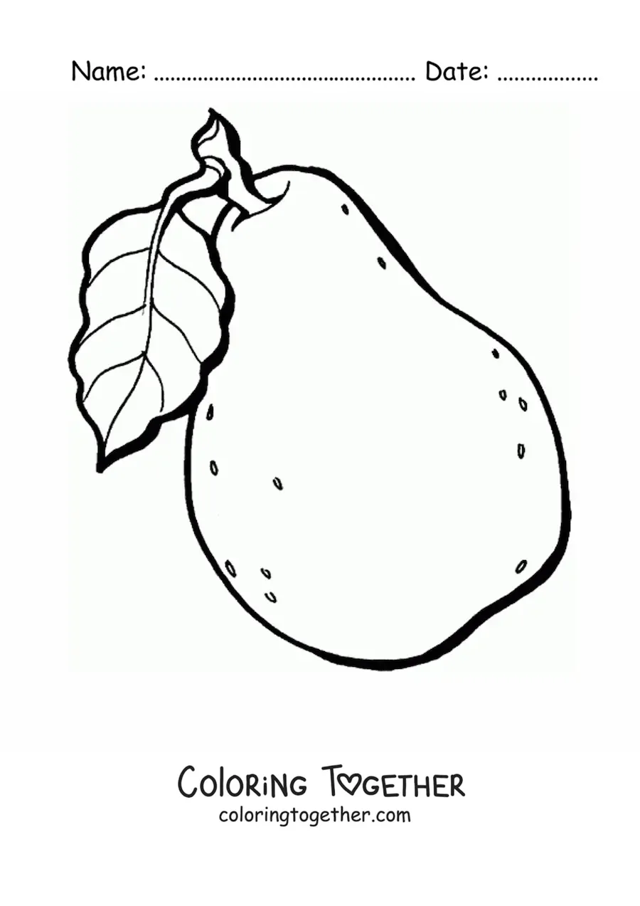 Coloring page of a pear with a leaf on the stem