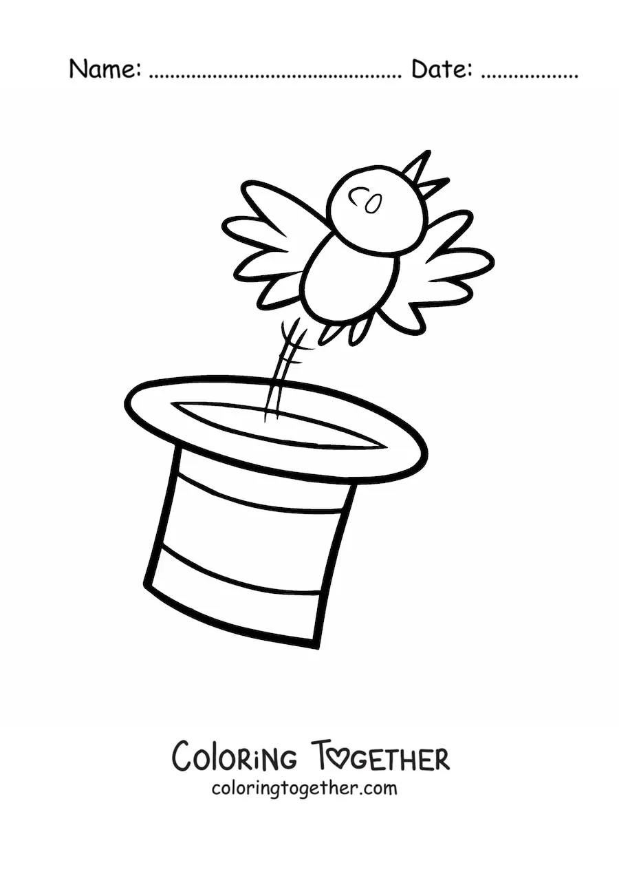 Coloring page of a bird flying out of a magician's hat