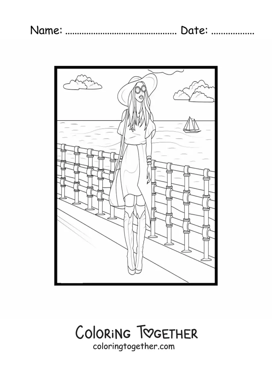 Coloring page of a girl with a summer hat