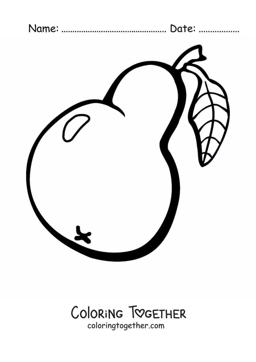 Coloring page of a cartoon pear with a leaf on the stem