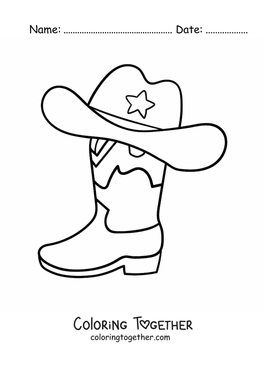 Coloring page of a boot with a cowboy hat