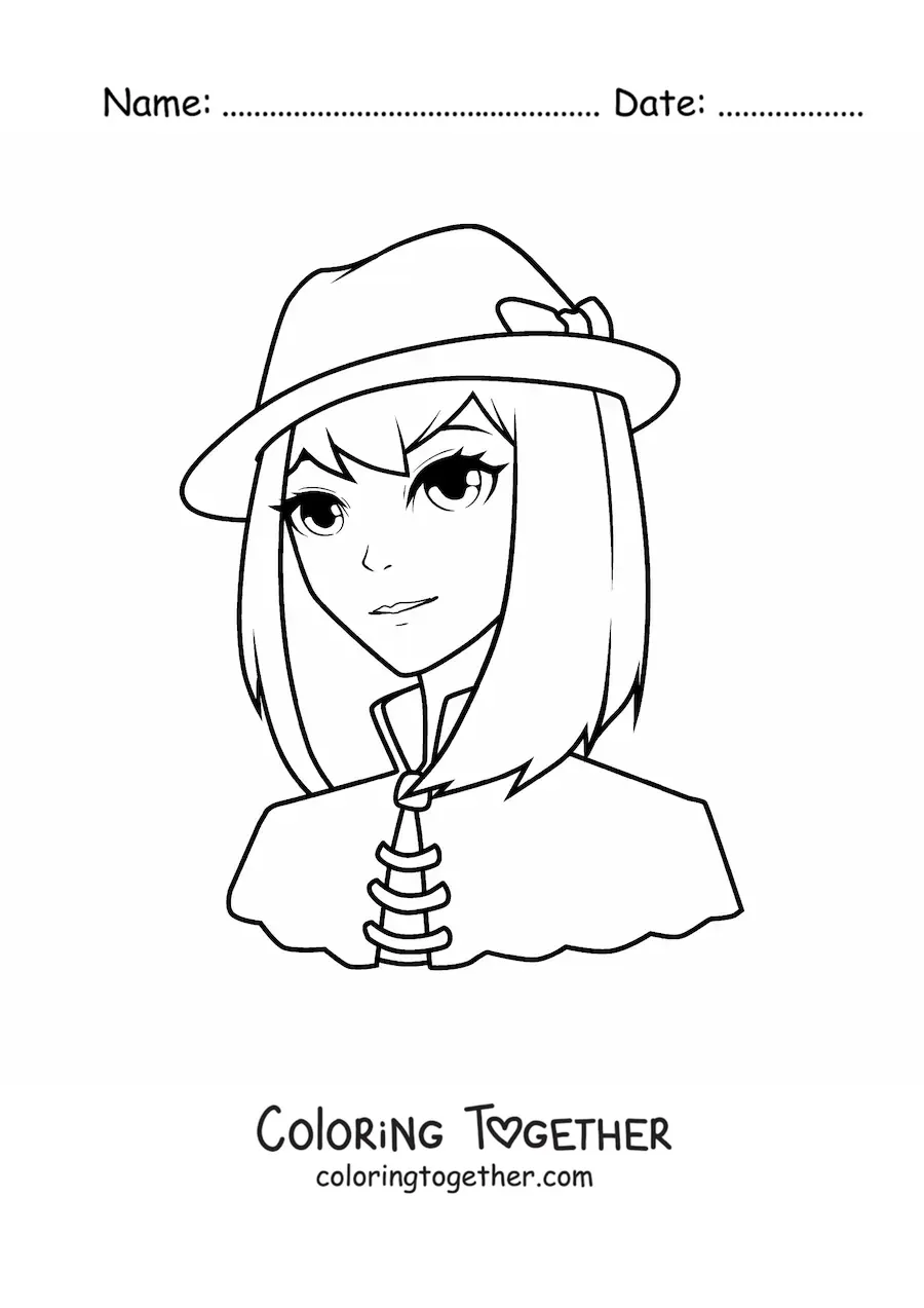 Coloring page of a cartoon girl with a hat