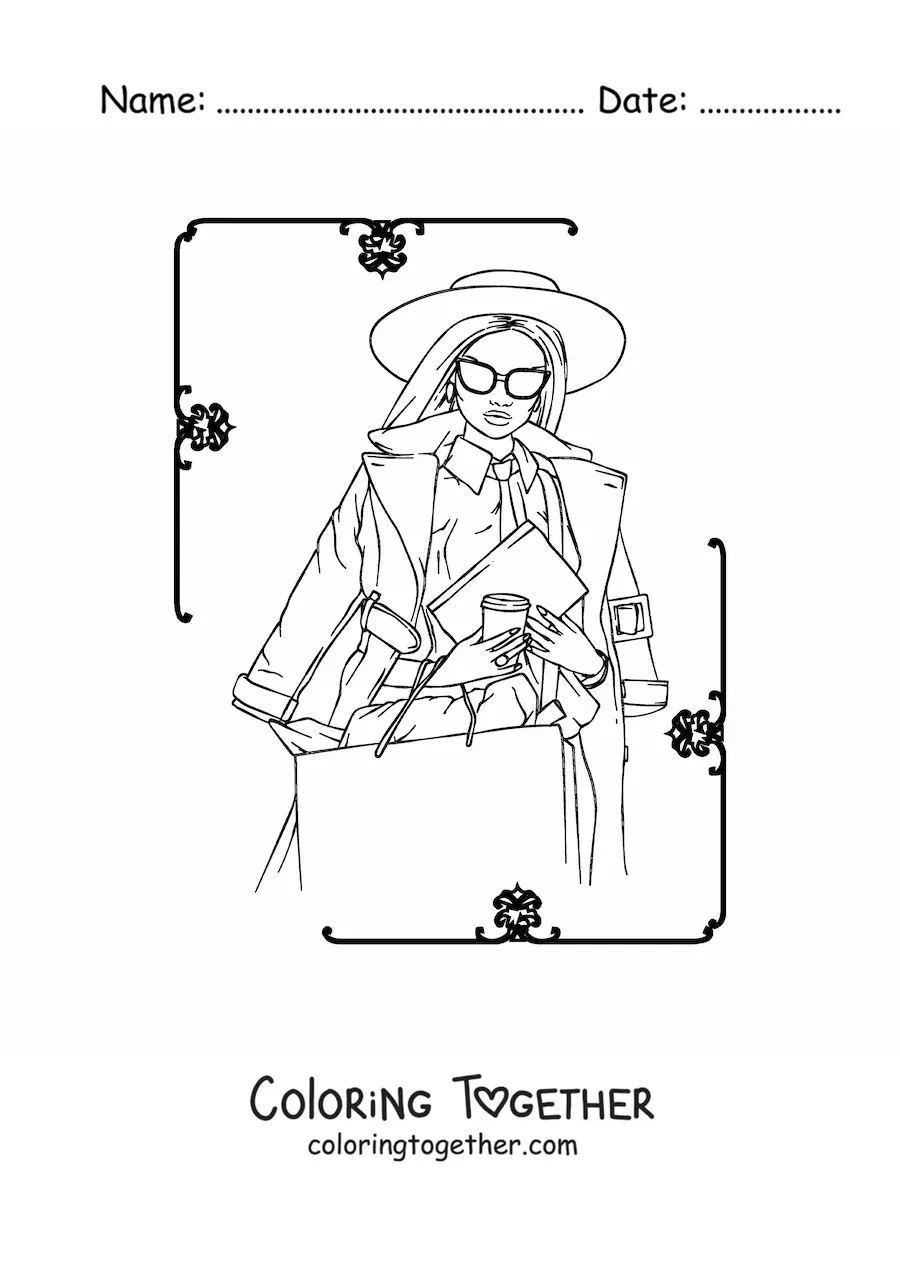 Coloring page of a girl with a wide-brimmed hat
