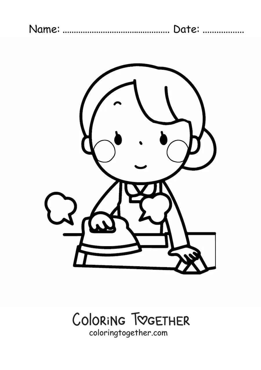 Coloring page of a woman ironing a shirt