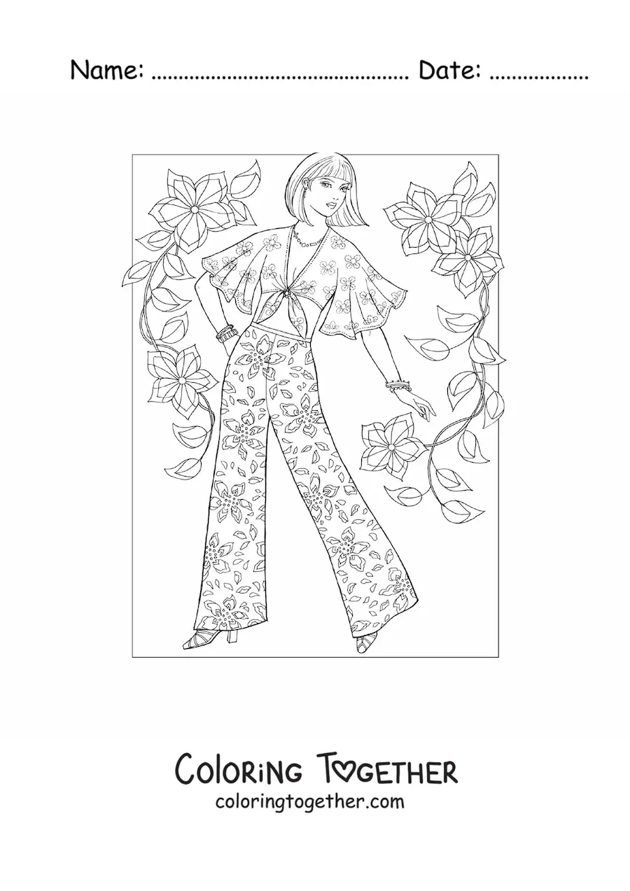 Coloring page of a girl with pretty pants