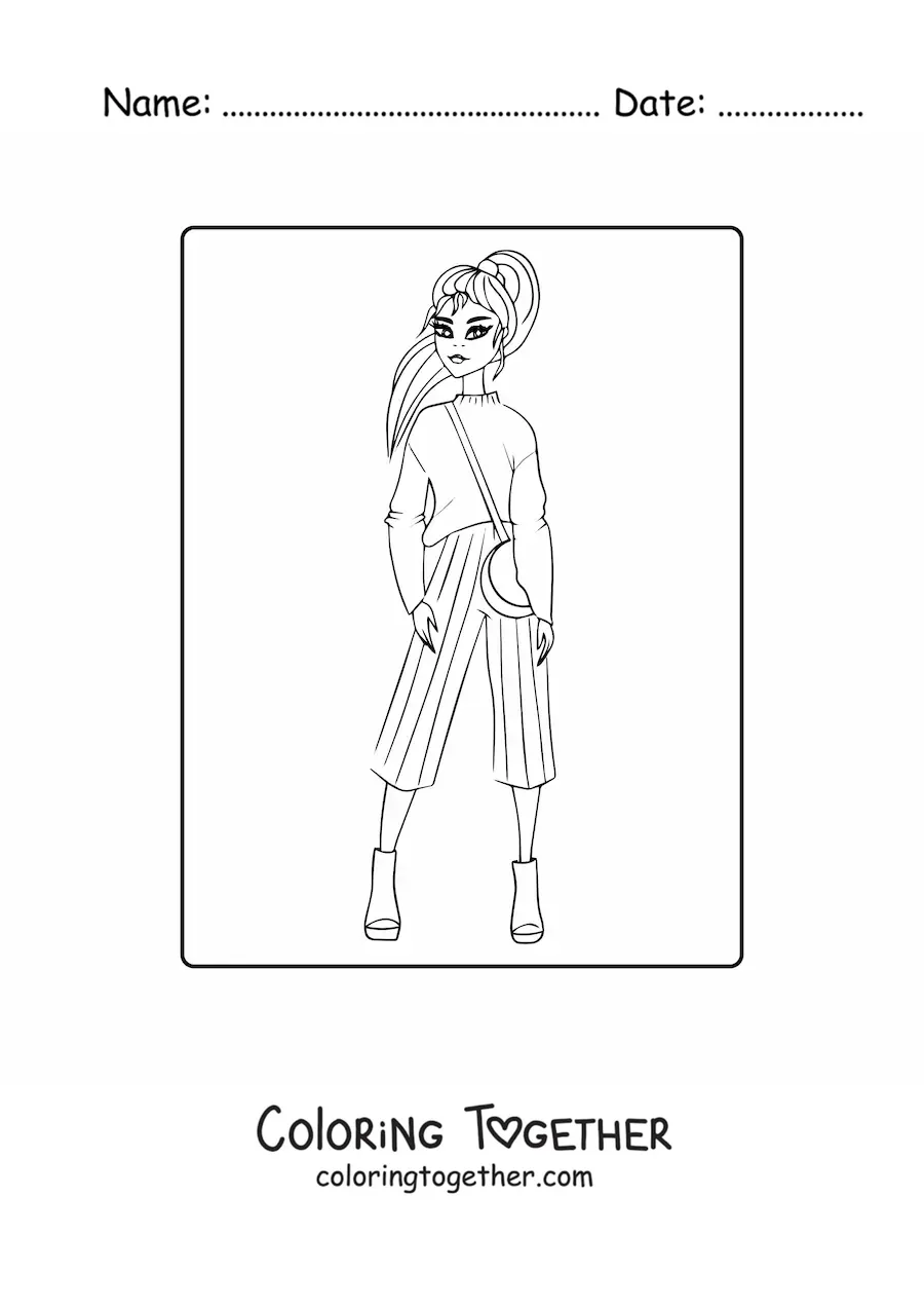 Coloring page of a girl with striped pants