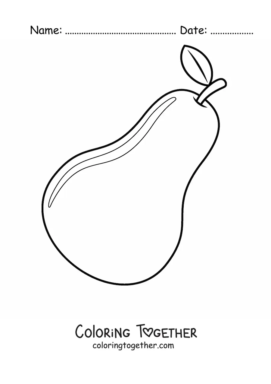 Coloring page of a shiny pear with a stem and leaf