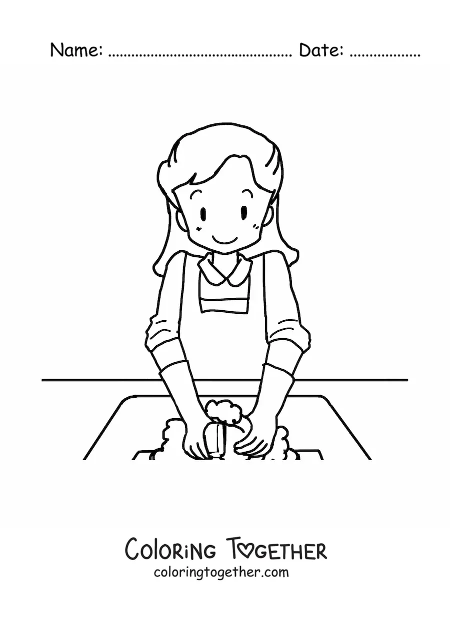 Coloring page of a woman washing the dishes with cleaning gloves