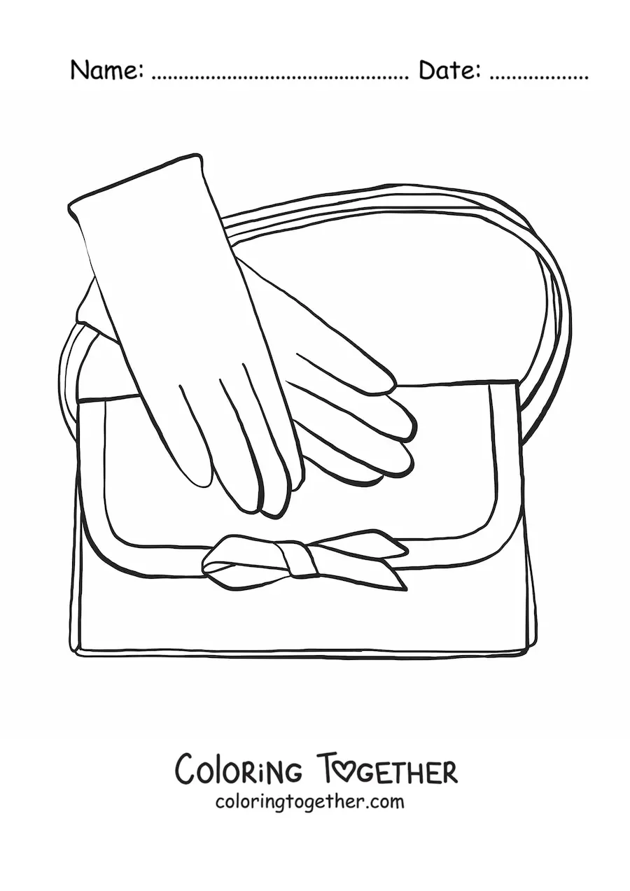 Coloring page of a pair of gloves and an elegant handbag