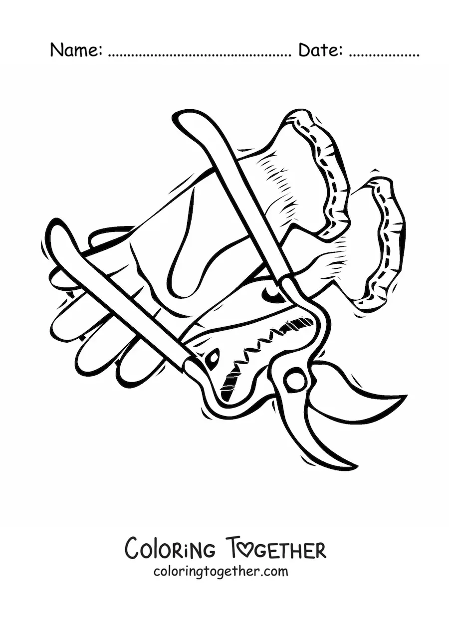 Coloring page of a pair of gloves and a pair of gardening shears