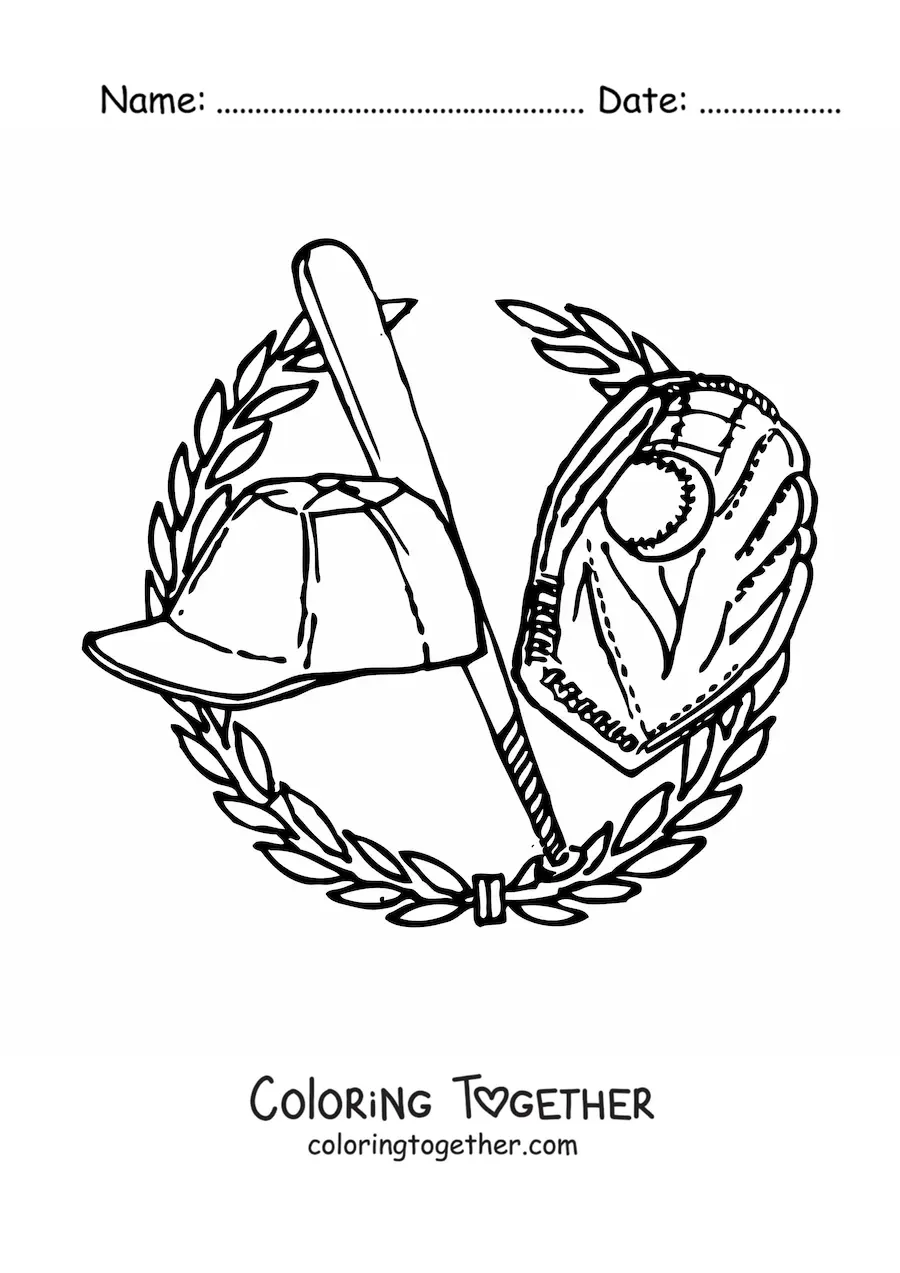 Coloring page of a baseball glove, a bat and a cap