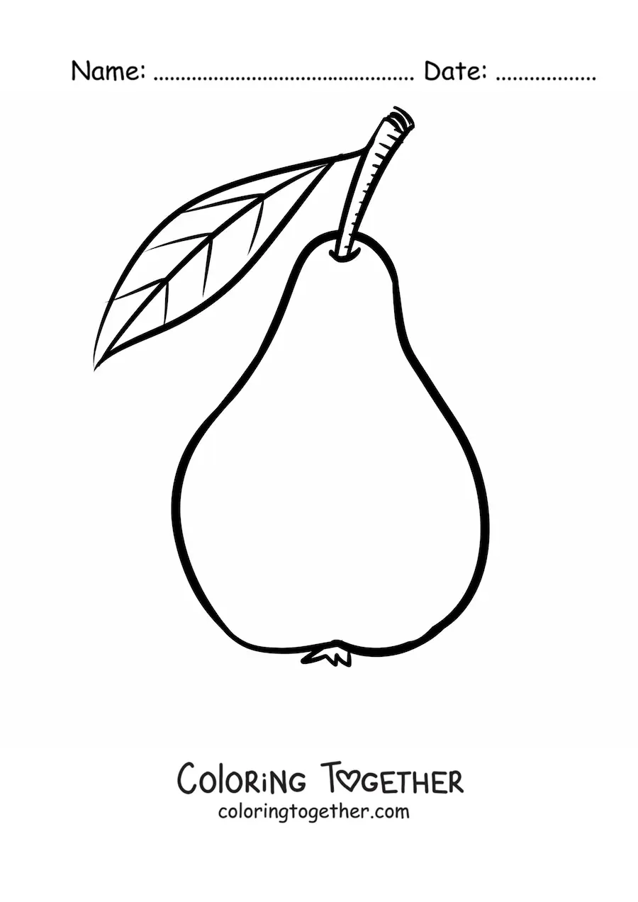 Coloring page of a pear with a stem and leaf