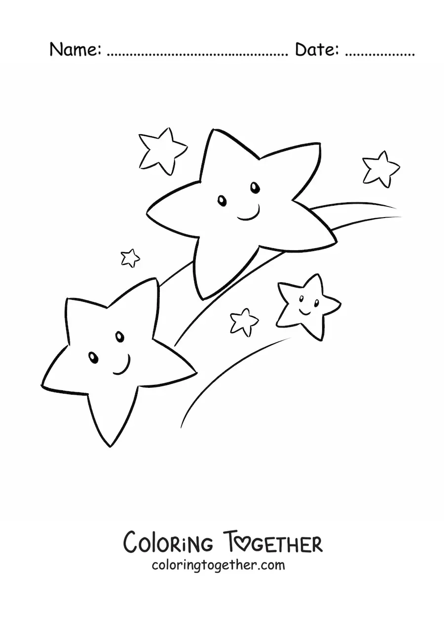 Coloring page of several cartoon shooting stars