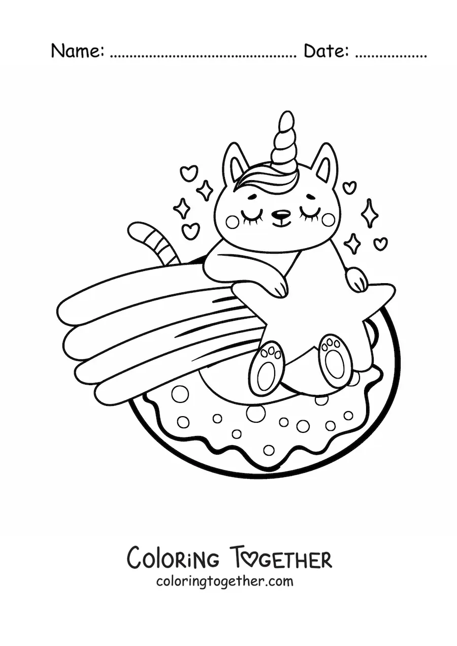 Coloring page of a unicorn cat on a shooting star
