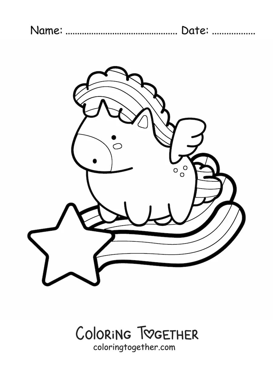 Coloring page of a kawaii pegasus flying over a shooting star