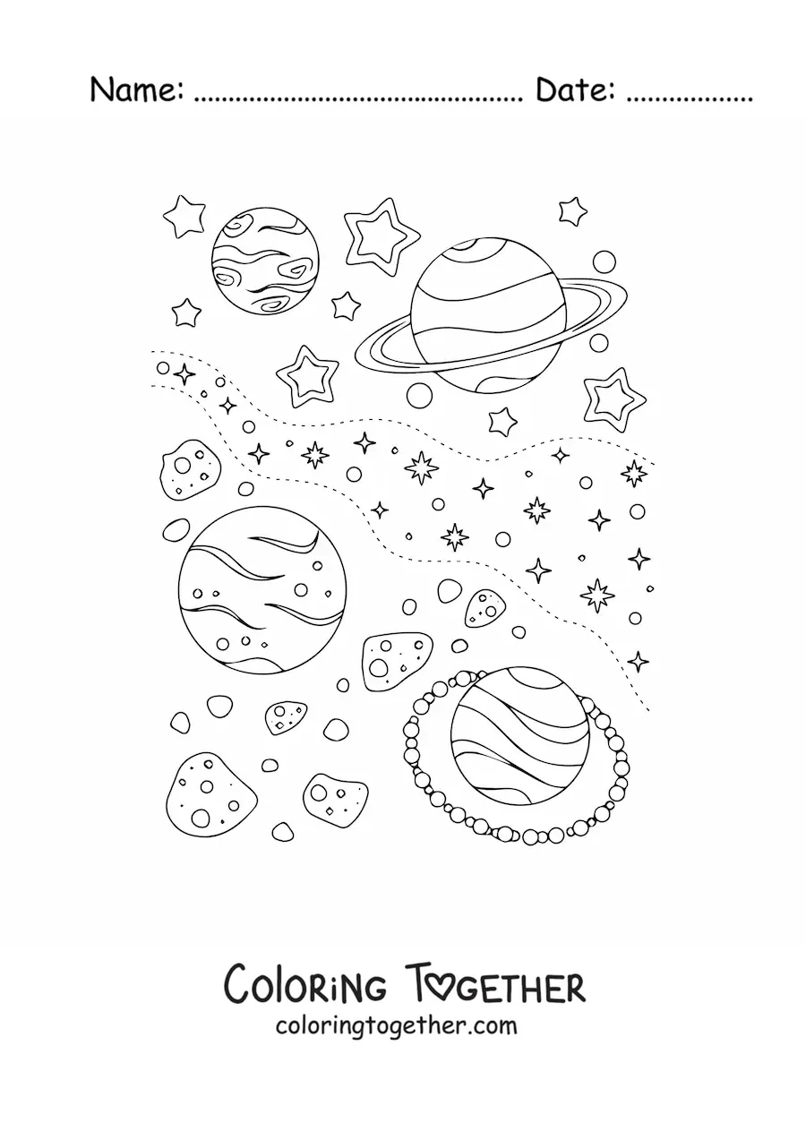 Coloring page of several stars and planets