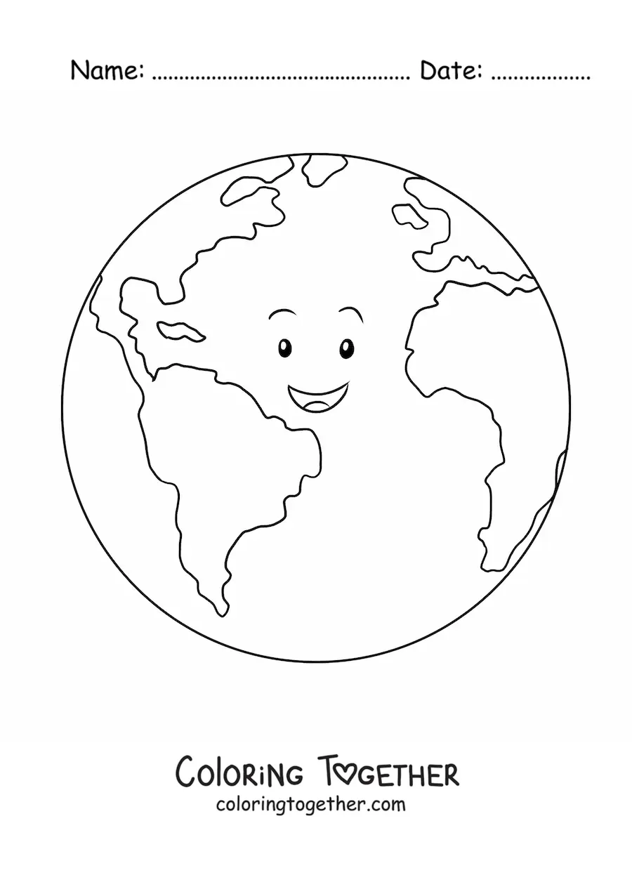 Coloring page of a cartoon Earth smiling
