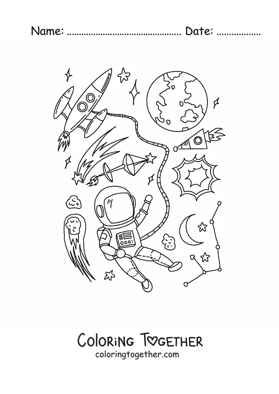 Coloring page of the Earth in space