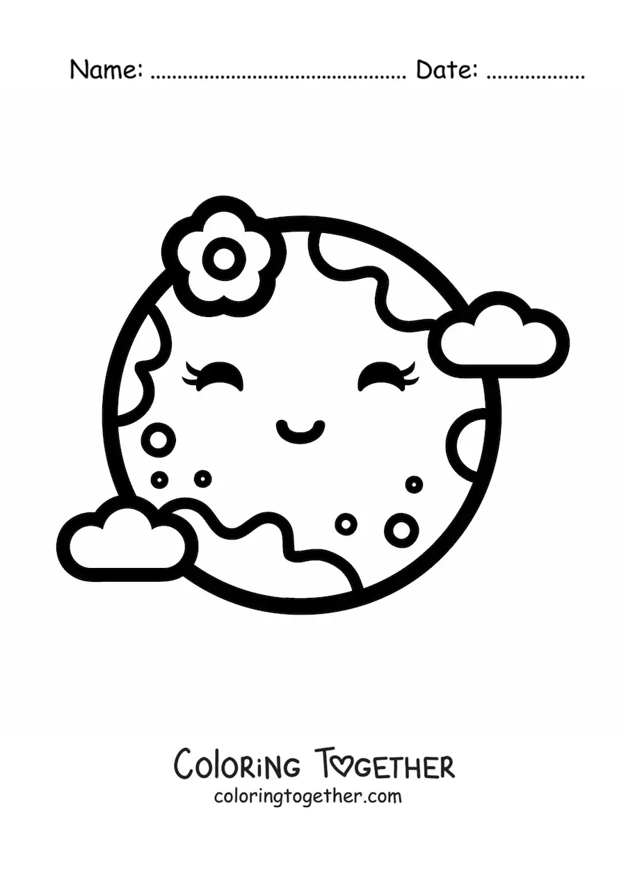 Coloring page of a kawaii cartoon Earth holding a flower