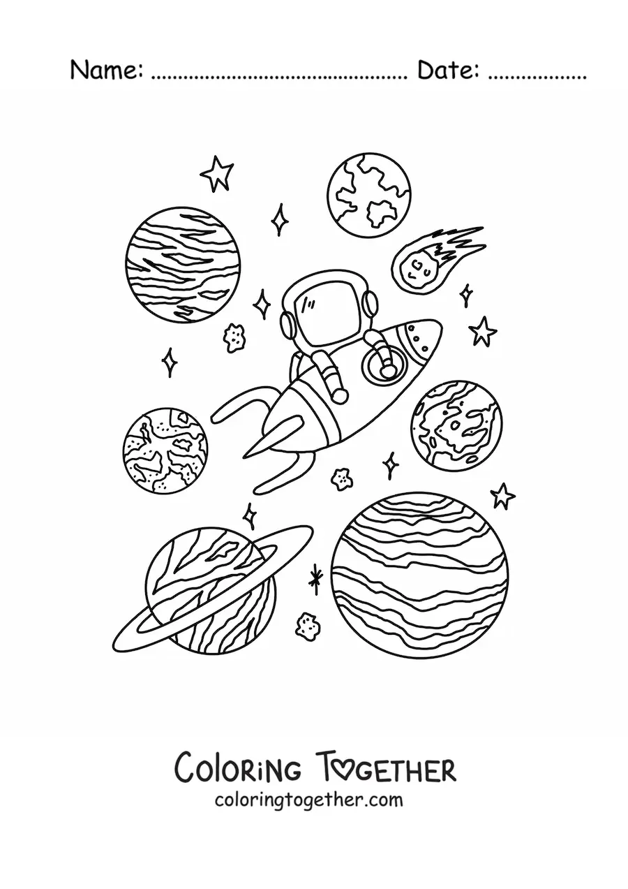 Coloring page of an astronaut and planets of the solar system