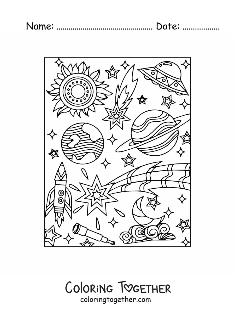 Coloring page of several planets and stars