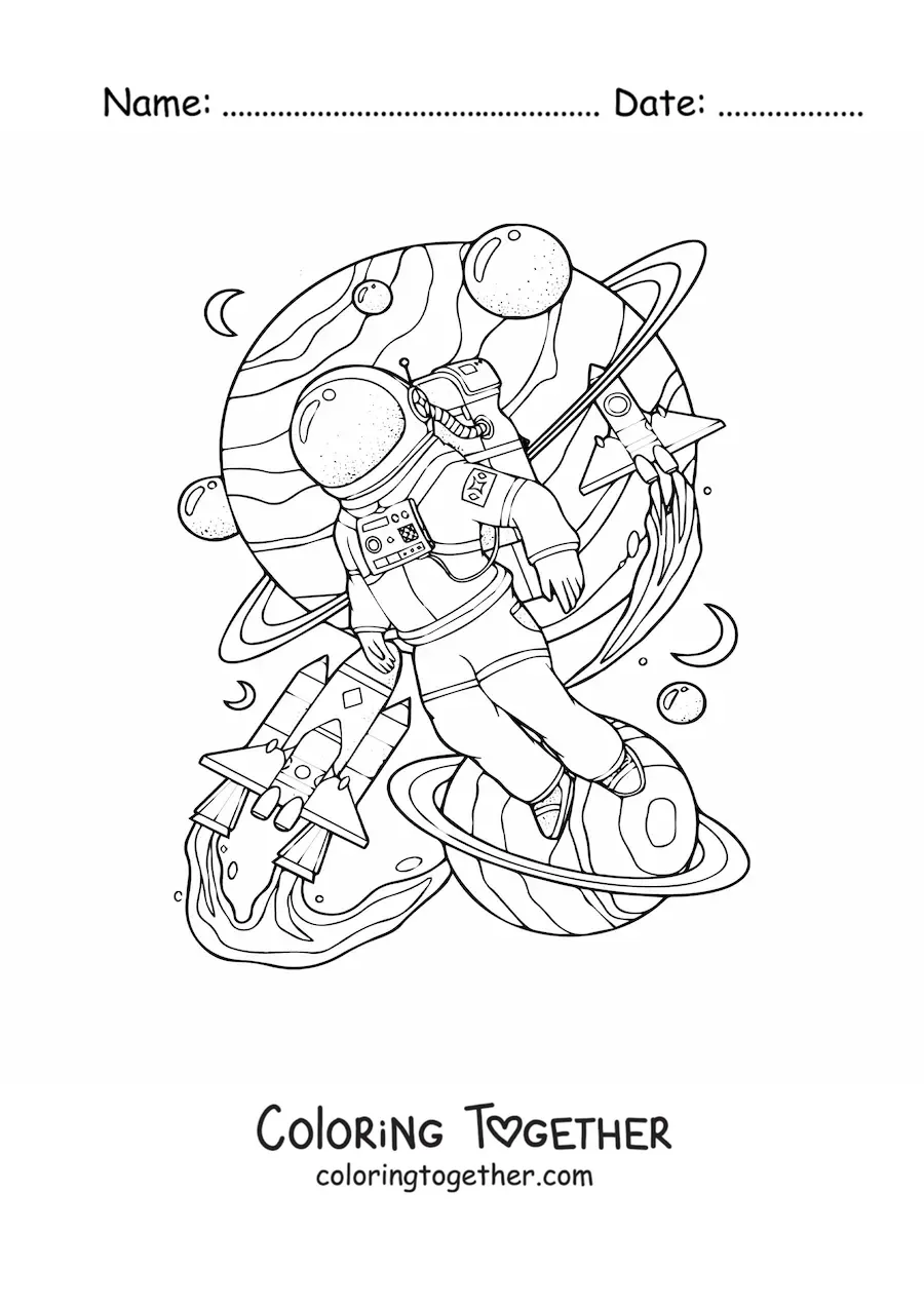 Coloring page of an astronaut next to planets in space