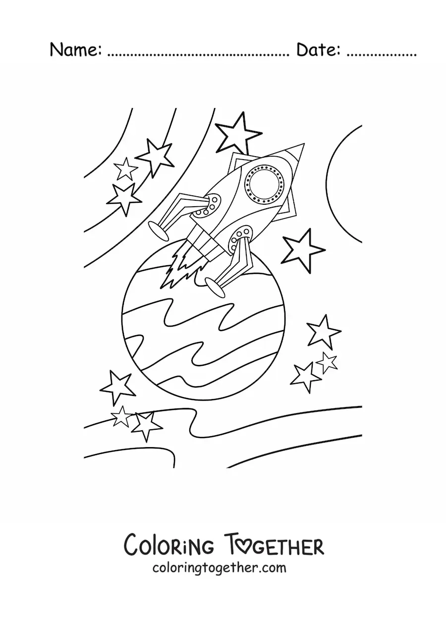 Coloring page of a space rocket near a planet