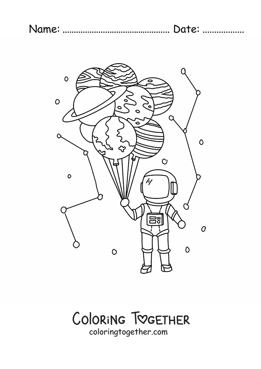 Coloring page of an astronaut holding planet balloons