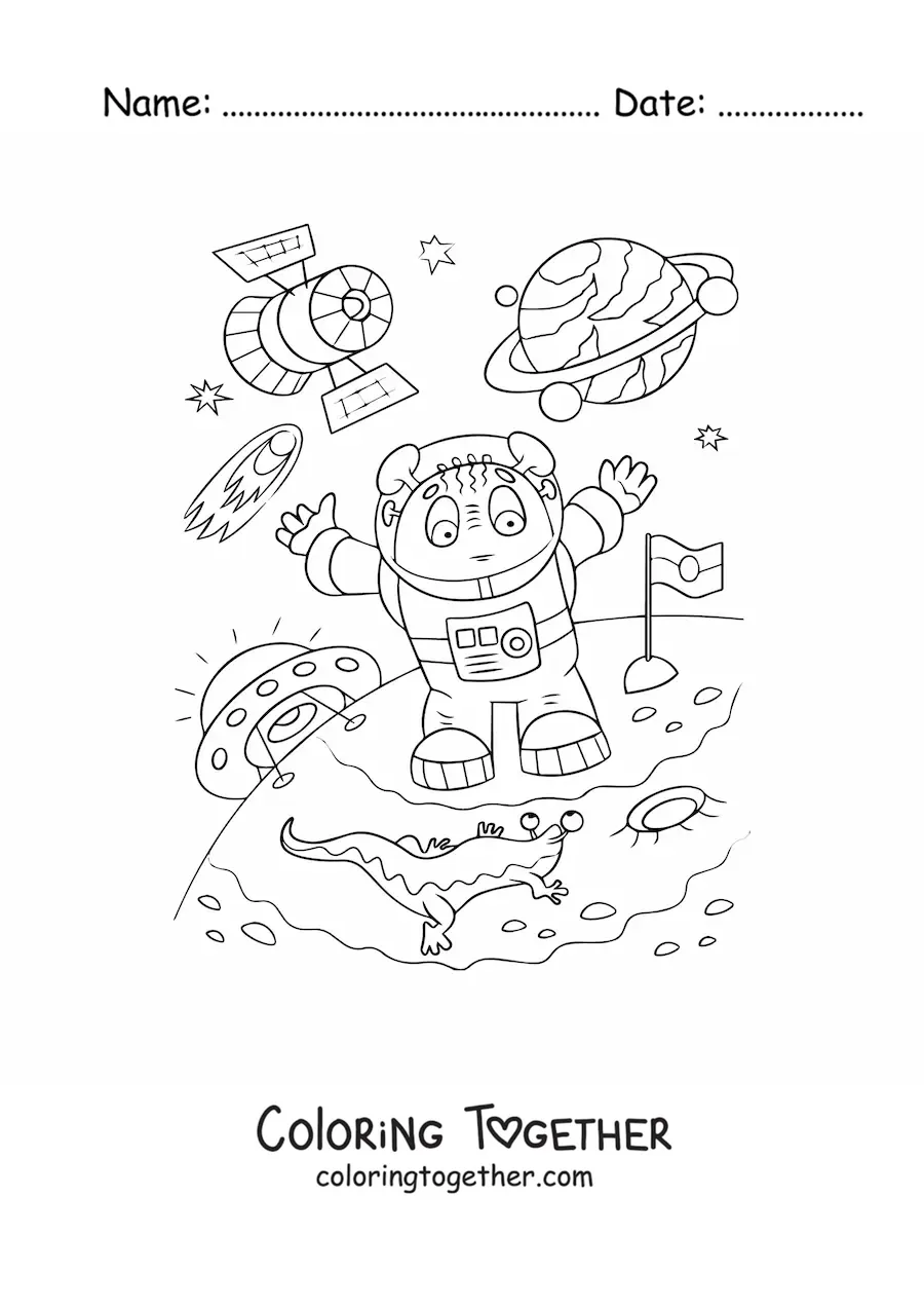 Coloring page of a space explorer on another planet